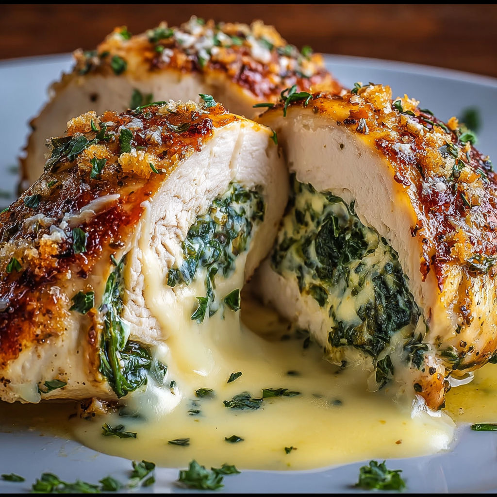 A delicious looking stuffed chicken dish.