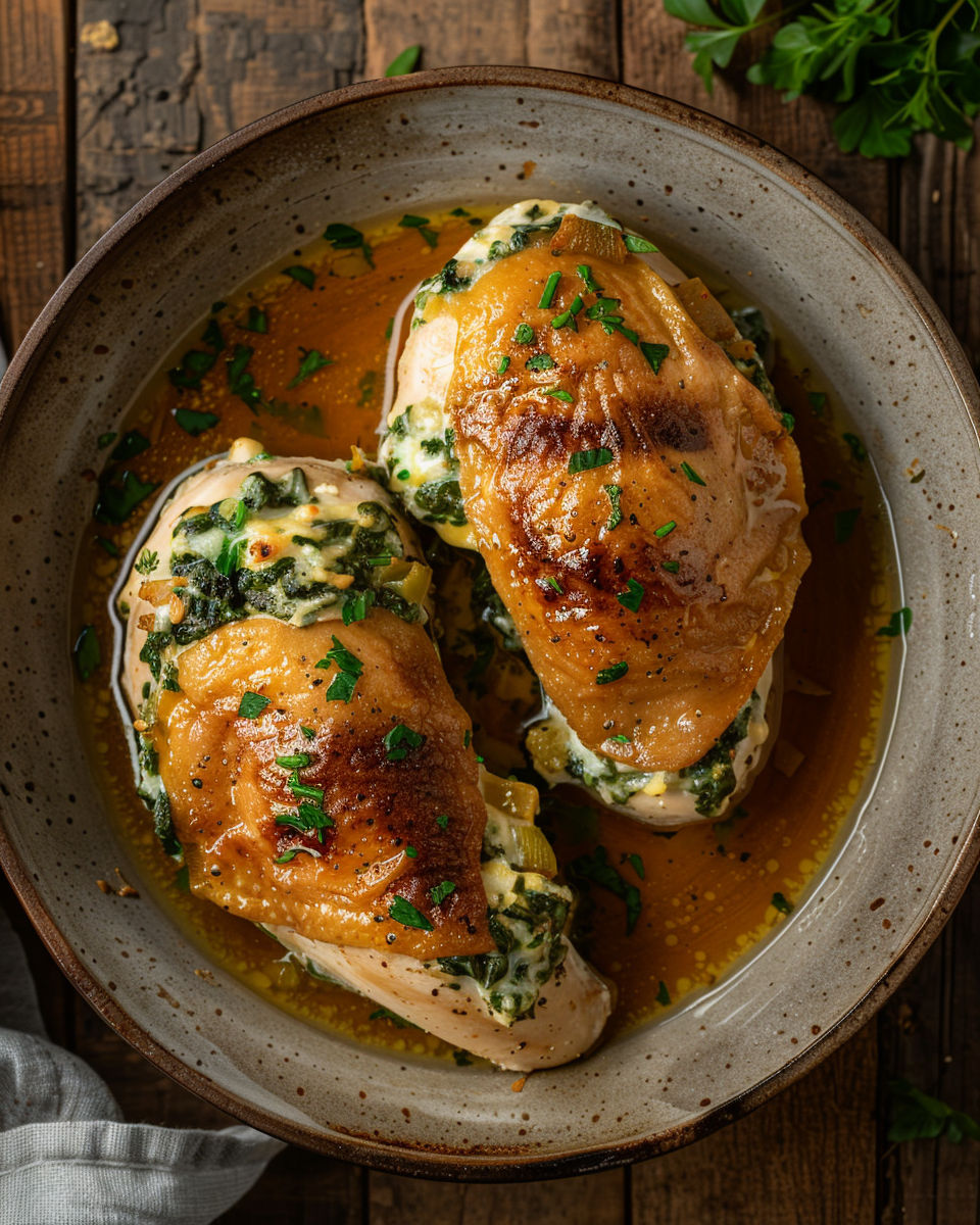 A plate of chicken with sauce and herbs.