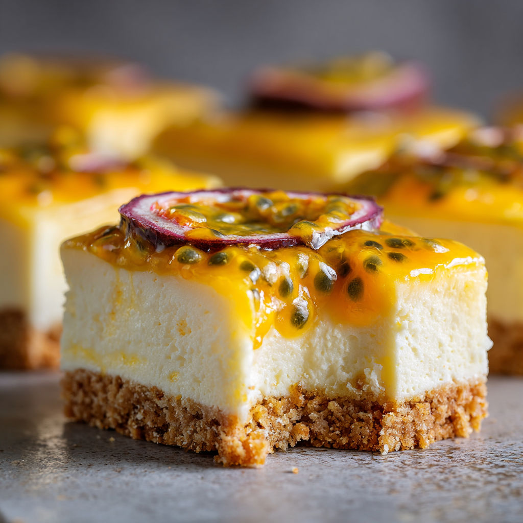 A slice of creamy no-bake passion fruit dessert.