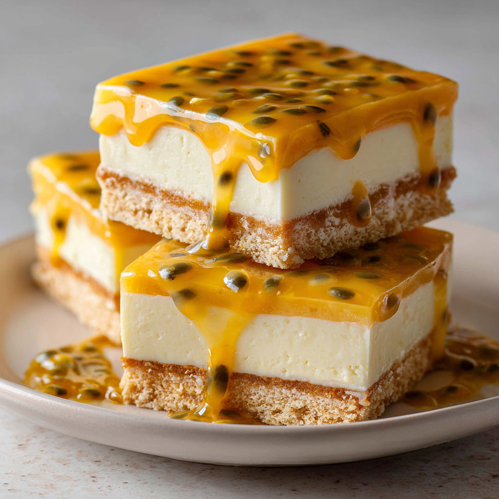 A slice of creamy no-bake passion fruit dessert.