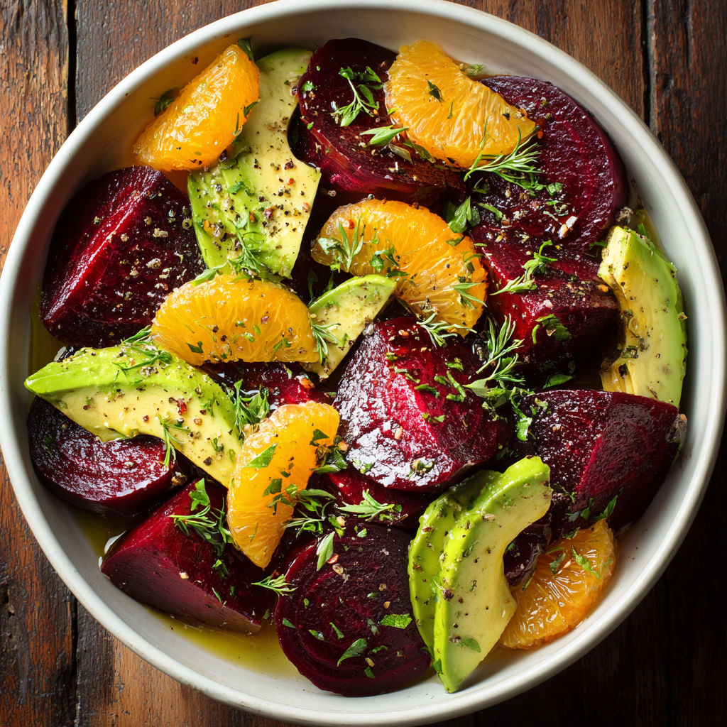 A bowl of beet salad with orange slices and avocado.