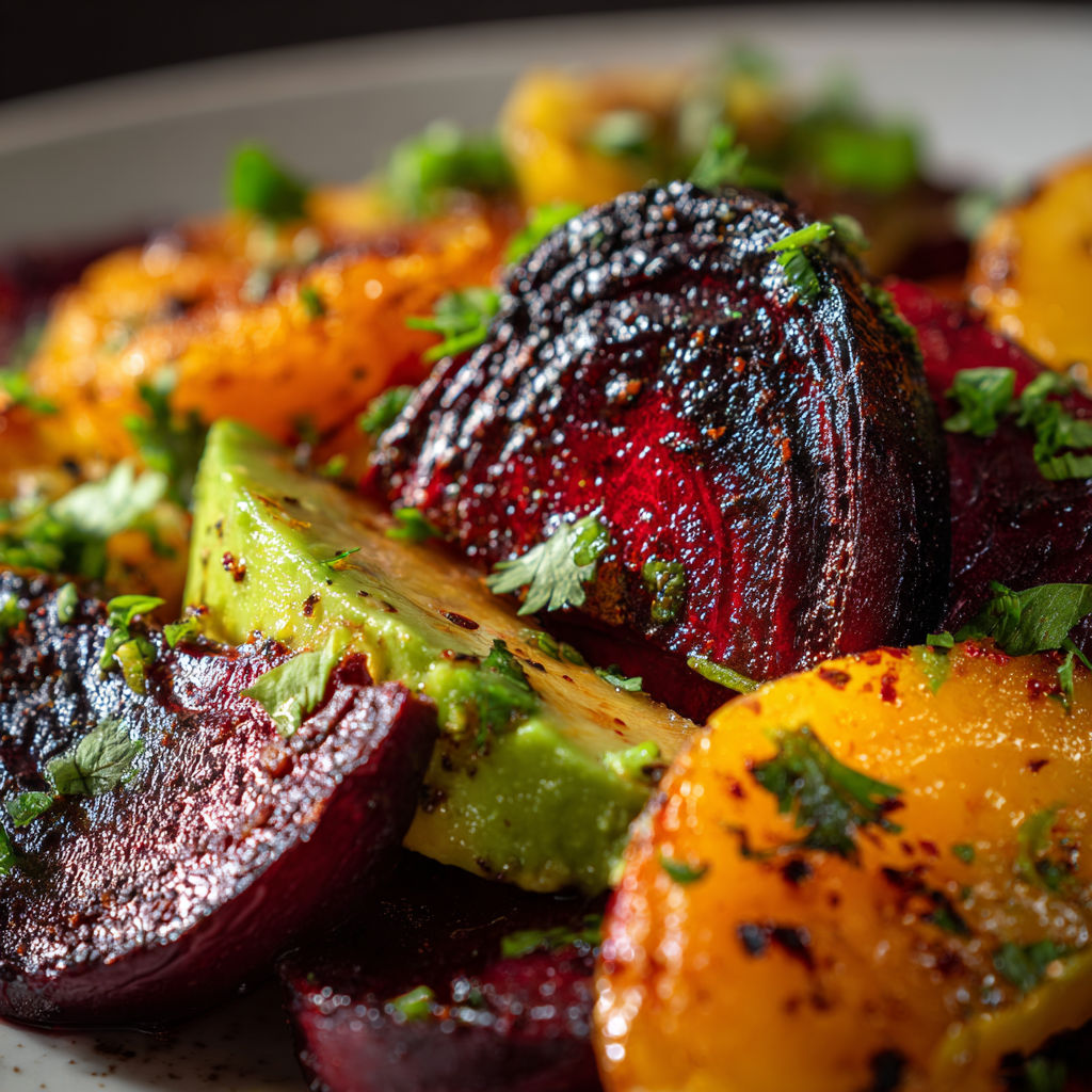 A plate of food with a beet salad and an avocado.