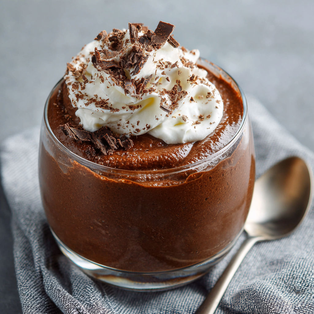 A glass of chocolate mousse with whipped cream on top.