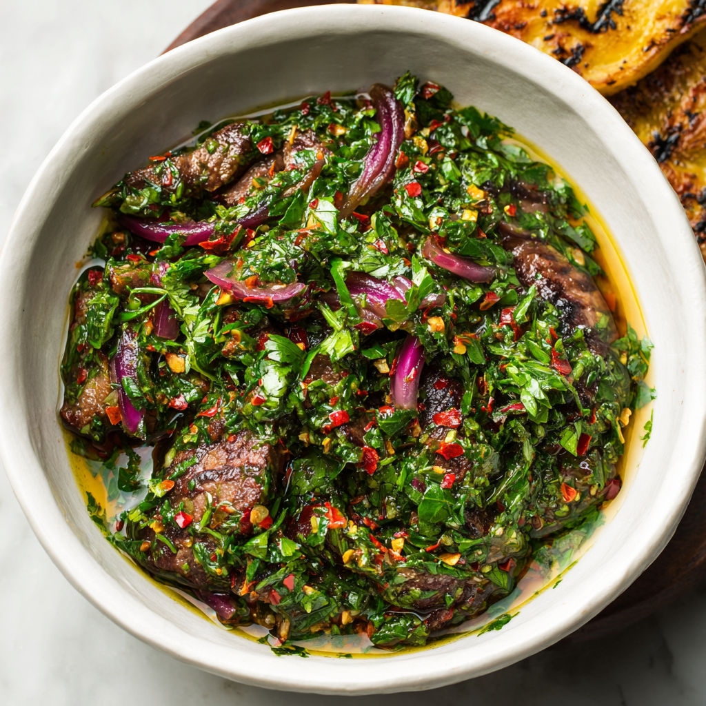 A bowl of food with a green sauce.