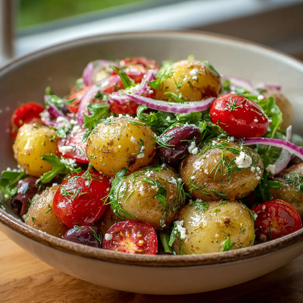 A bowl of vegetables with potatoes, tomatoes, and lettuce.
