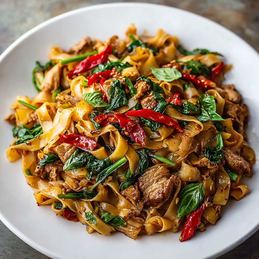 A plate of delicious drunken noodles with beef and flavorful twists.