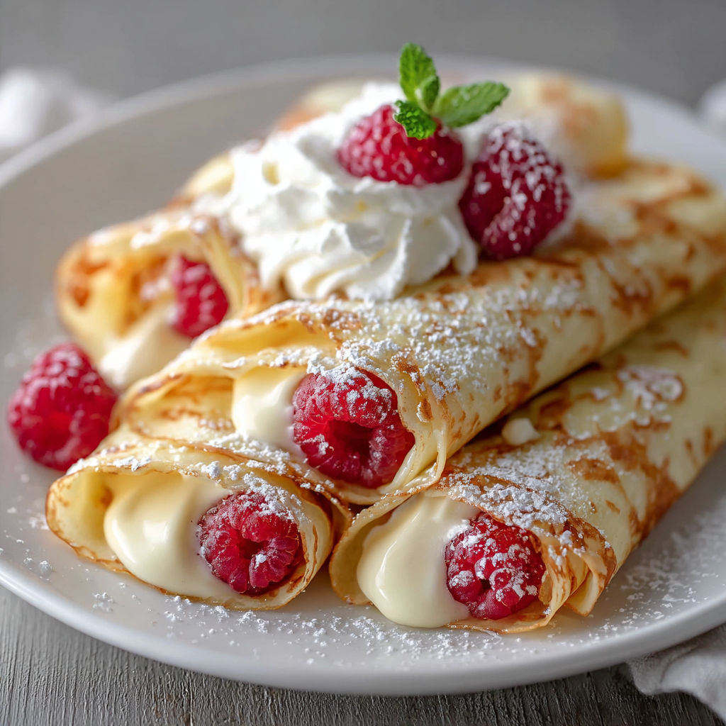 A plate of crepes with white whipped cream and raspberries on top.