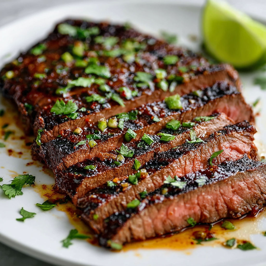 A plate of steak with a lime wedge on the side.