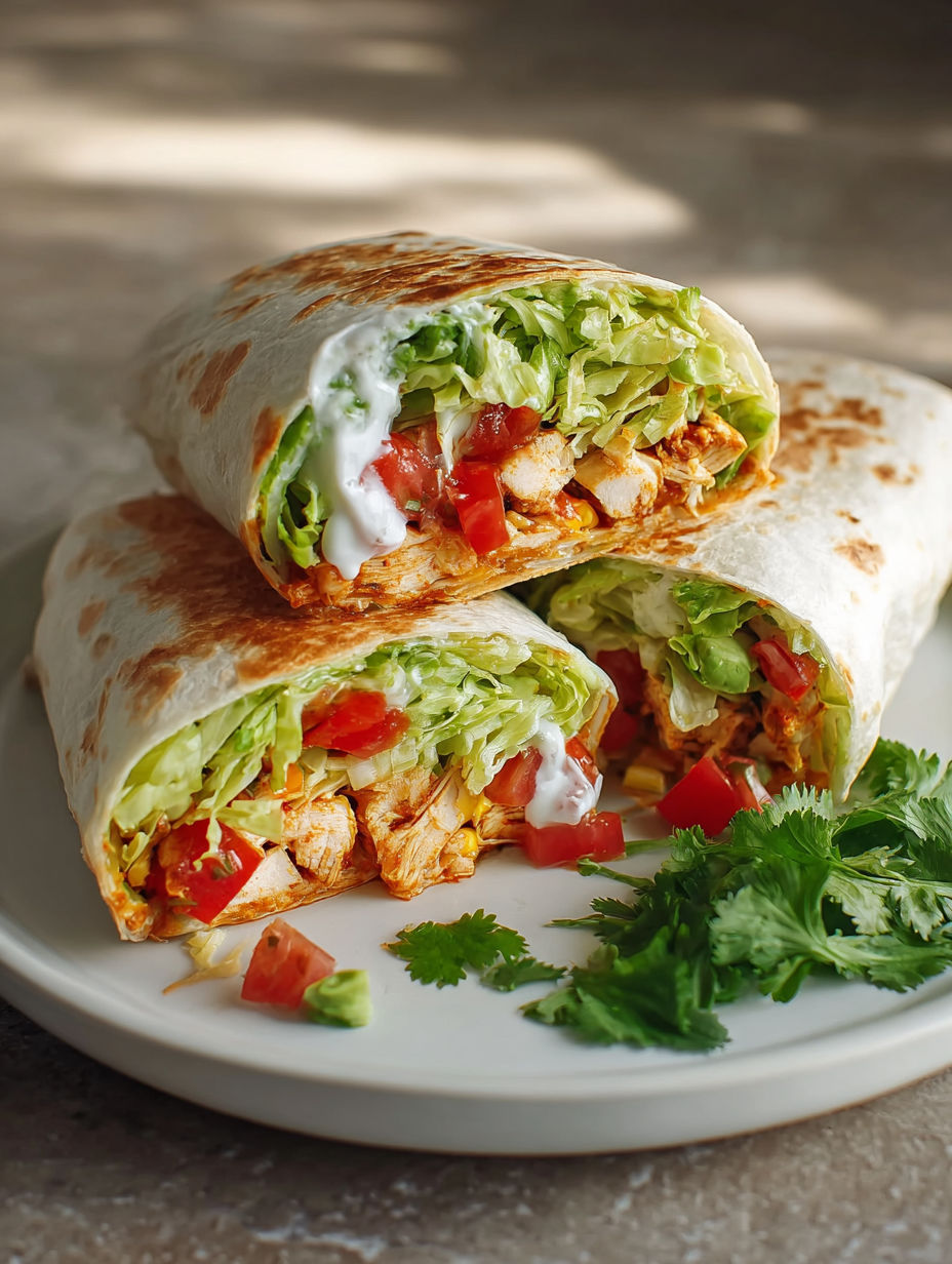 Two delicious sweet chili chicken wraps on a plate.