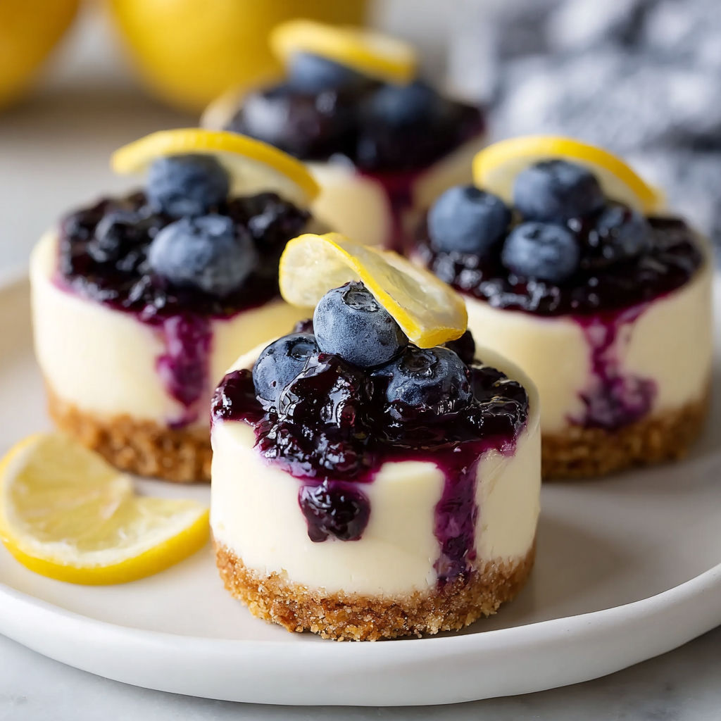 A plate of mini lemon blueberry cheesecakes.