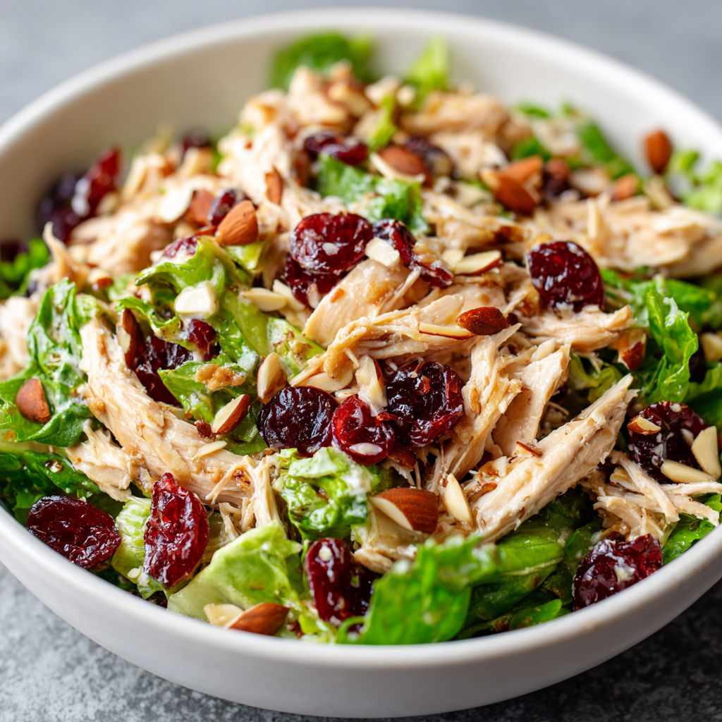 A bowl of chicken salad with cranberries and nuts.