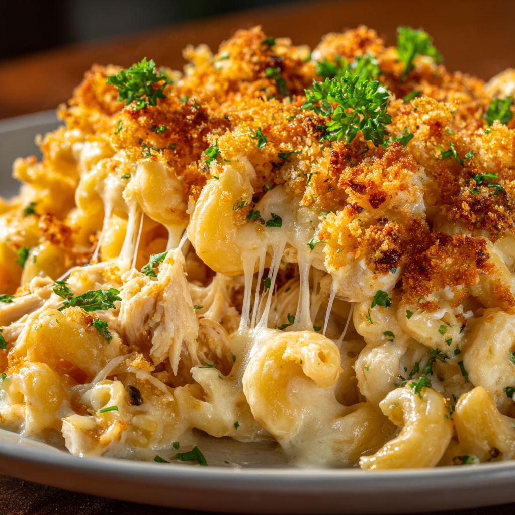 A plate of mac and cheese with chicken.