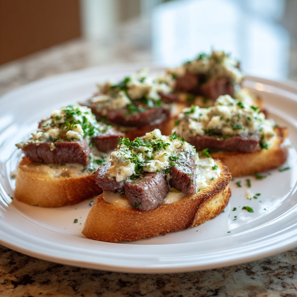 A plate of beef tenderloin gorgonzola crostini.
