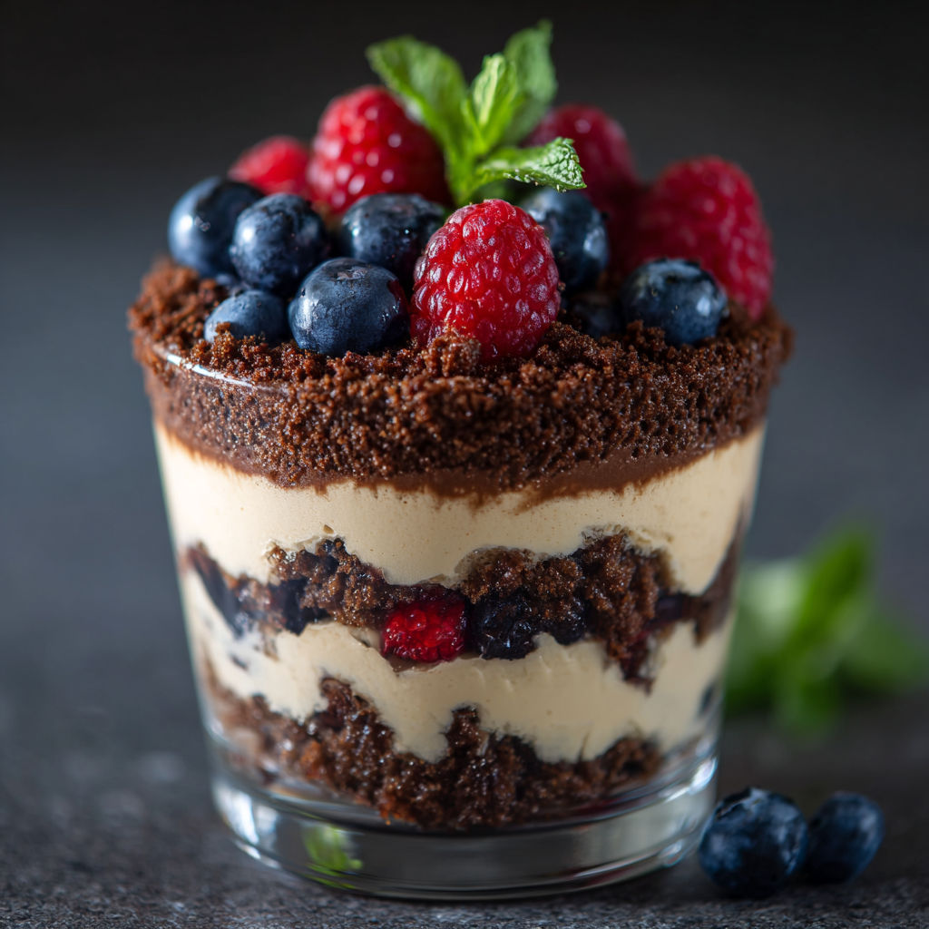 A dessert with chocolate, raspberries, and blueberries.