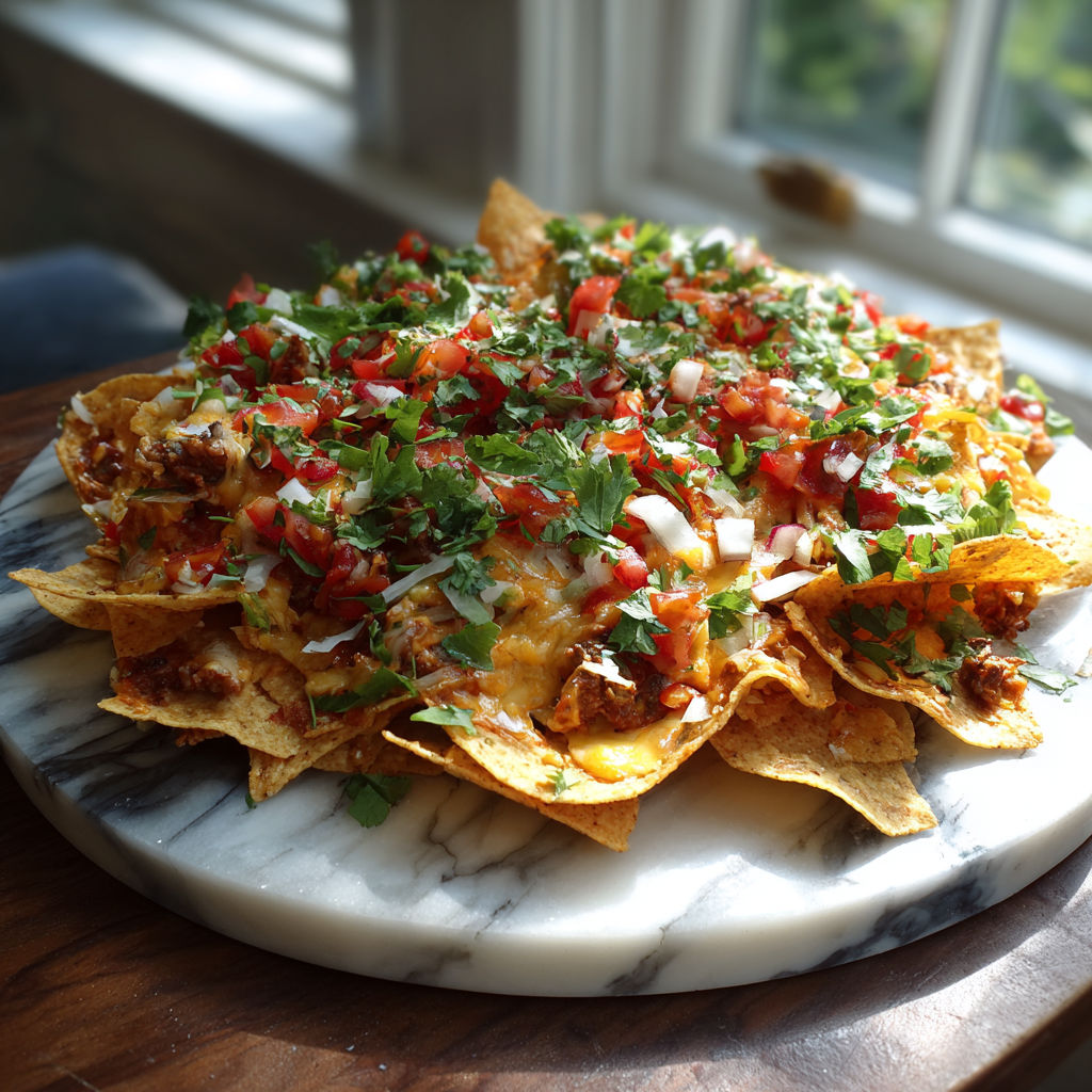 A plate of nachos with cheese and tomatoes.