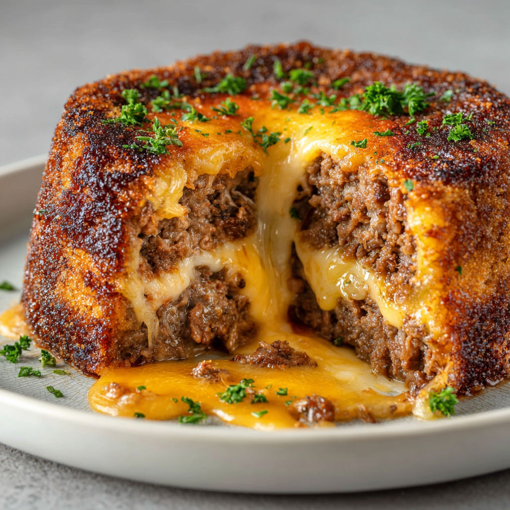 A cheeseburger lava cake on a plate.