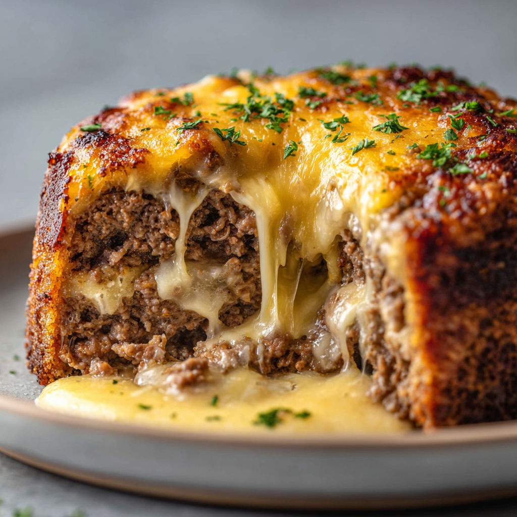 A close up of a cheeseburger lava cake.