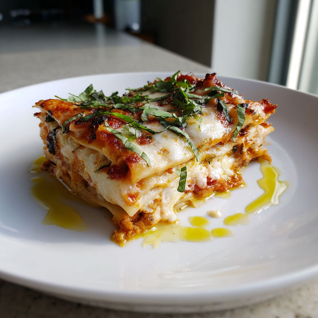 A white plate with a slice of lasagna on it.