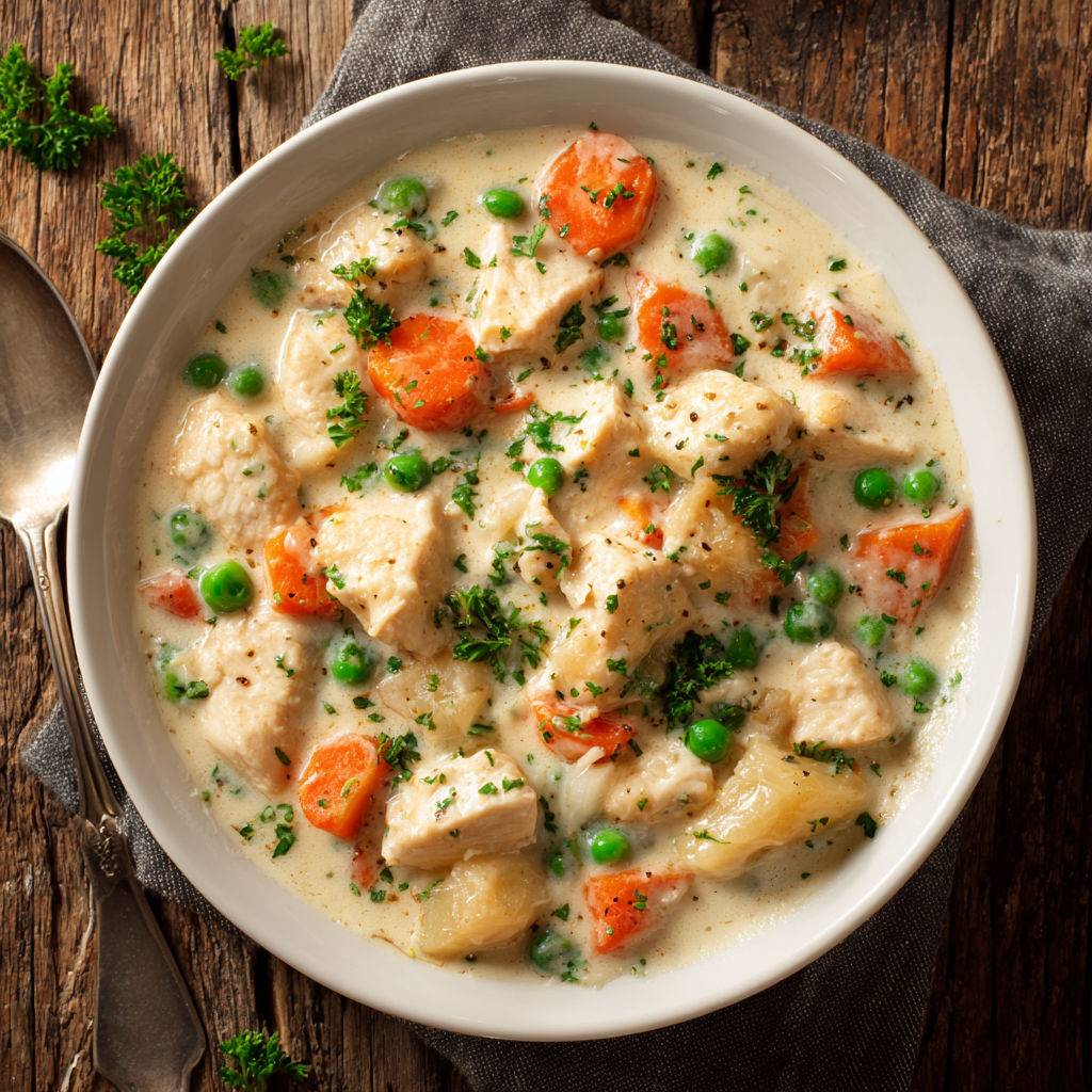 A bowl of chicken and vegetables.