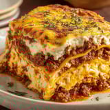 Eine Lasagne auf einem Plate, die aus verschiedenen Zutaten wie Käse, Sauce, Fleisch und Gemüse besteht.