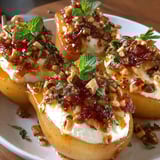 A plate of fruit with a sauce and nuts.