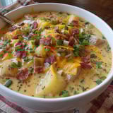 A bowl of soup with bacon and cheese.