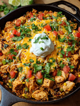 A delicious chicken and rice taco skillet recipe.