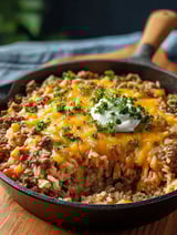 A delicious cheesy beef and rice skillet delight.