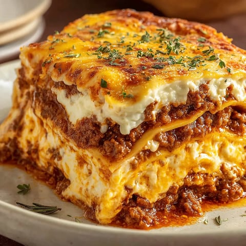 Eine Lasagne auf einem Plate, die aus verschiedenen Zutaten wie Käse, Sauce, Fleisch und Gemüse besteht.