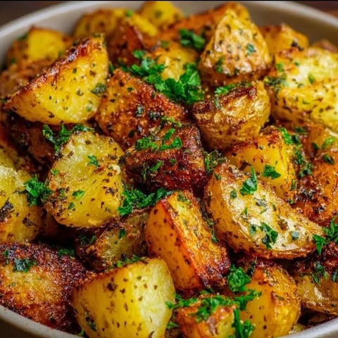 A bowl of roasted potatoes with herbs.