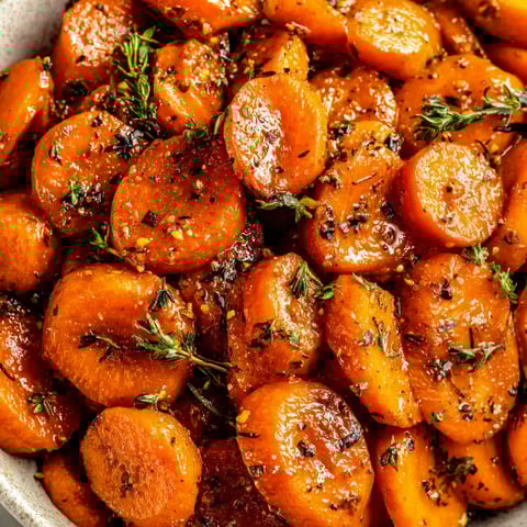 A bowl of carrots with herbs on top.