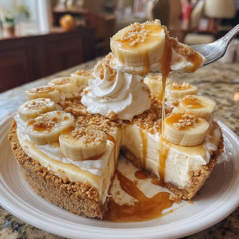 A slice of banana cream pie with a spoonful of caramel sauce on top.
