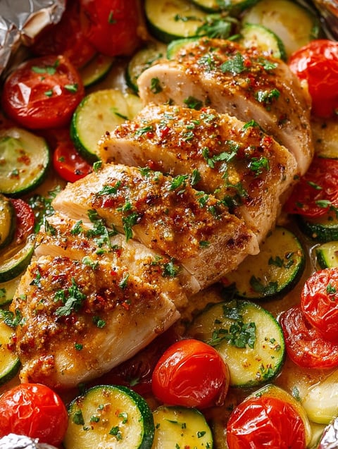 A delicious honey mustard chicken dish with tomatoes and zucchini.