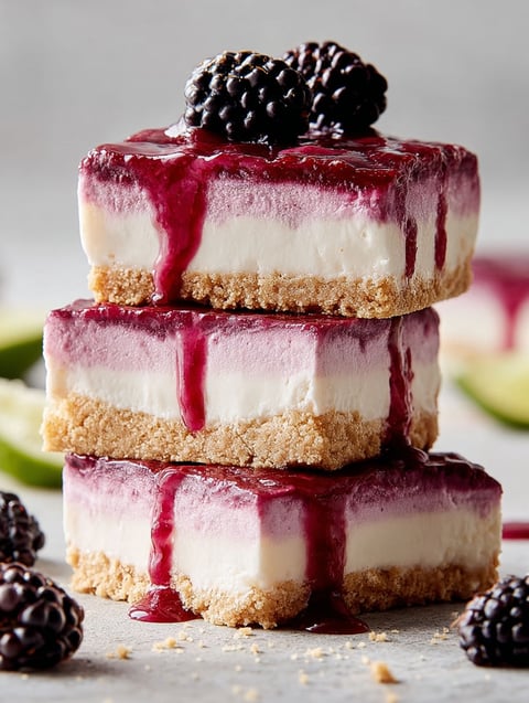 A stack of three blackberry cheesecake bars.