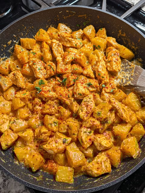 A pan of Cajun chicken and potatoes.