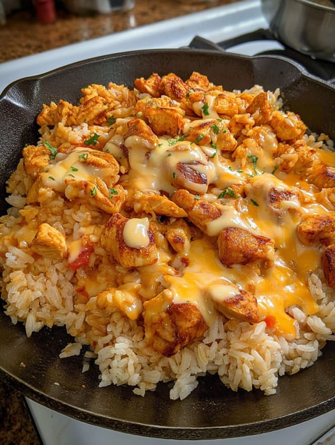 A delicious Mexican Cheesy Chicken & Rice dish.