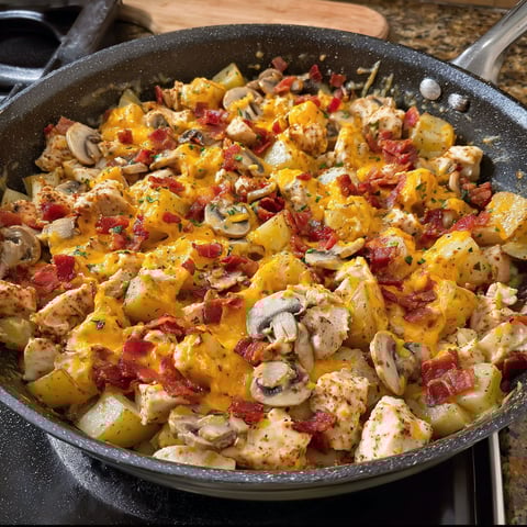A pan of chicken and potatoes.
