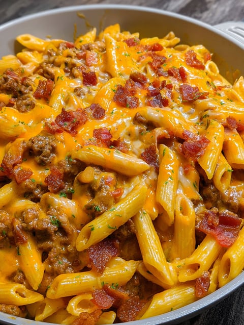 A bowl of pasta with bacon and cheese.