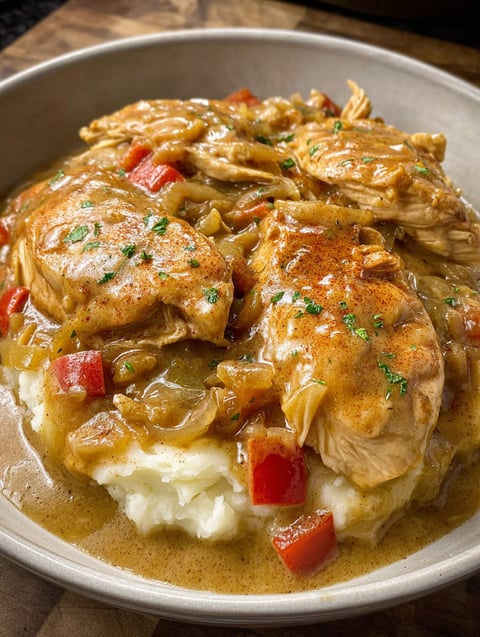 A plate of chicken and gravy.
