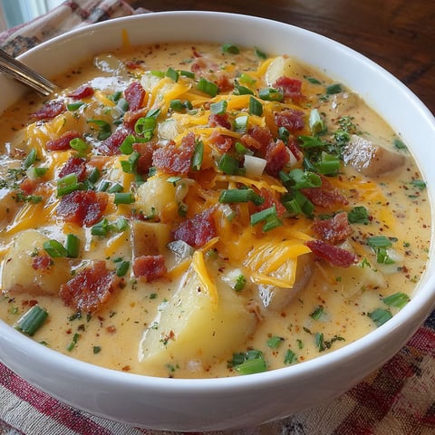 A bowl of soup with bacon and cheese.