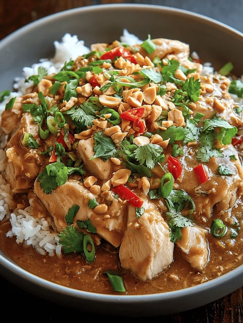 A bowl of slow cooker Thai peanut chicken.