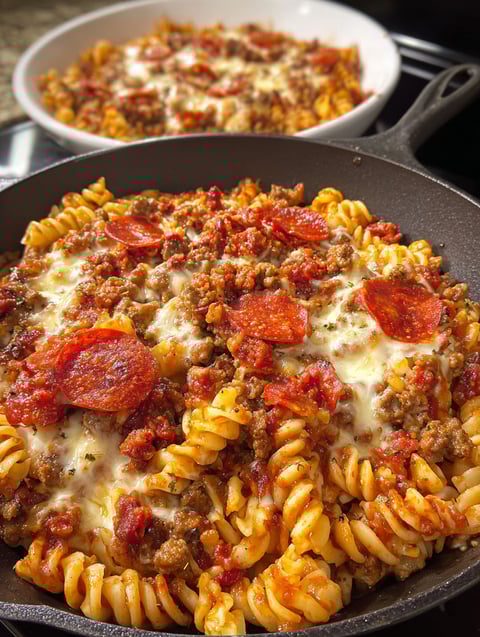 A bowl of pasta with pepperoni and cheese.