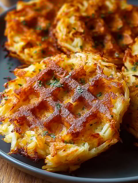 A plate of hash browns with a waffle maker.