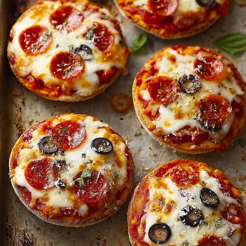 A tray of English muffin pizzas with various toppings.