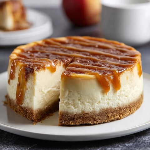A slice of cheesecake with caramel sauce on top.
