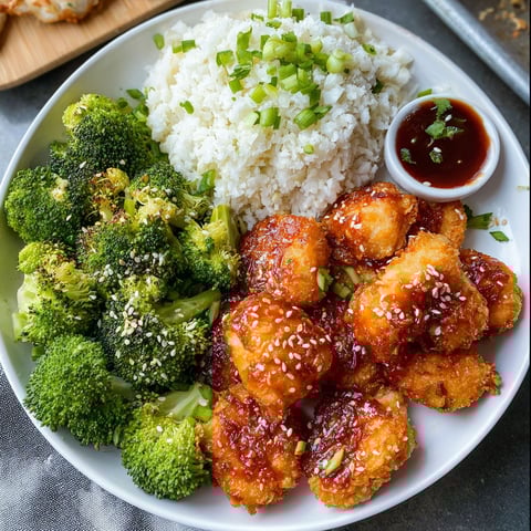 A plate of food with chicken, rice, and broccoli.