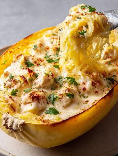 A spaghetti squash filled with chicken alfredo.