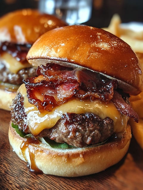 A close up of a bacon cheeseburger with lettuce.