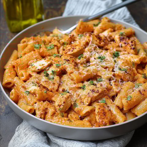 A plate of chicken parmesan pasta.