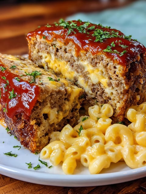 A slice of meatloaf with mac and cheese on top.